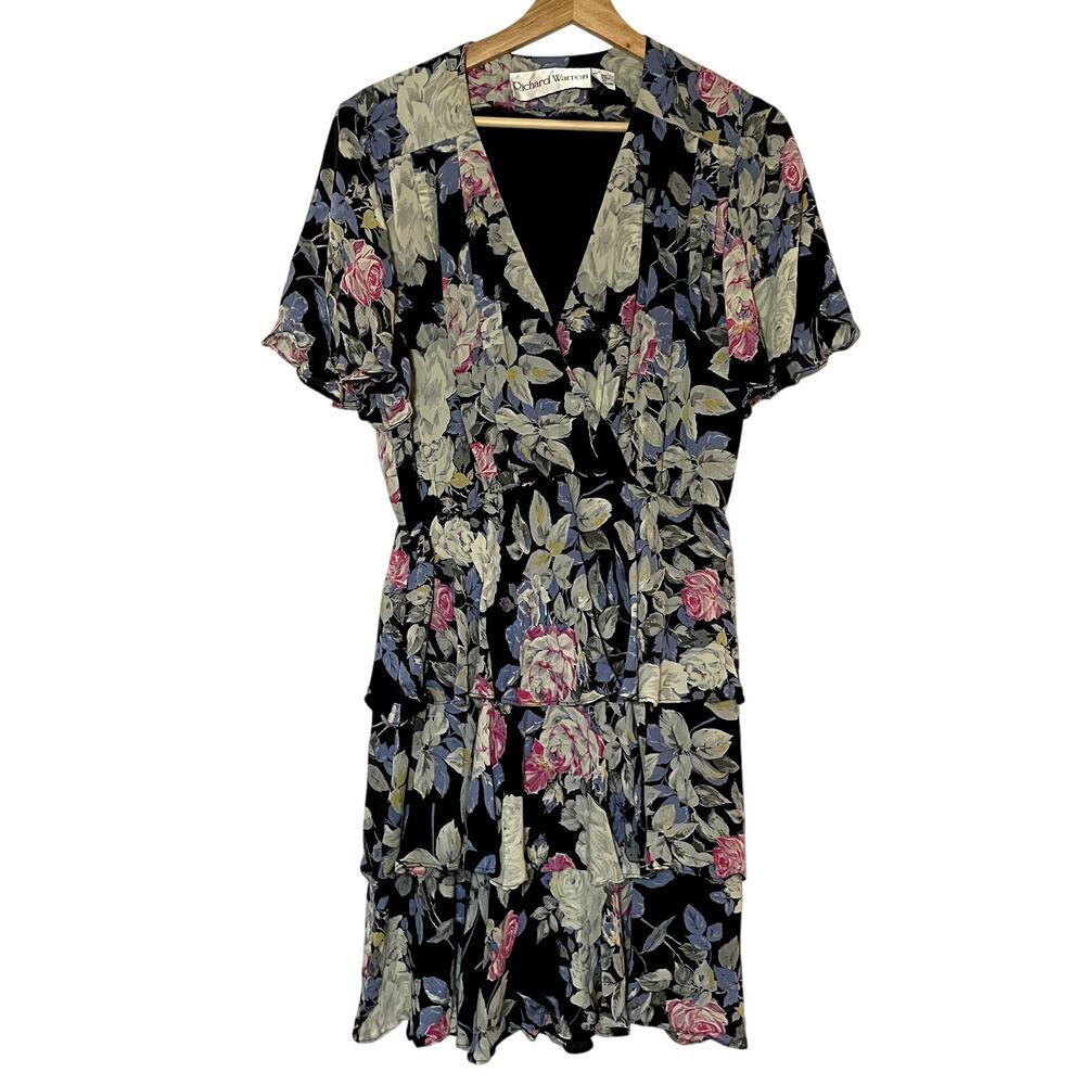 Richard Warren 100% silk floral ruffle vintage dress v-neck 10 flutter sleeve